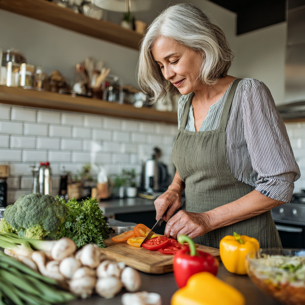 middle-aged woman preparing healthy colorful meal in modern kitchen