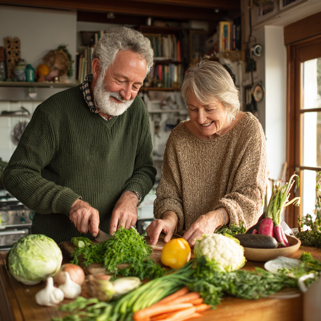 senior couple cooking together organic vegetables in bright kitchen